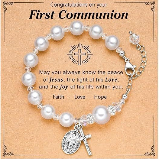 8mm Artificial Pearl Alloy Cross and Oval Pendant Bracelet for Women