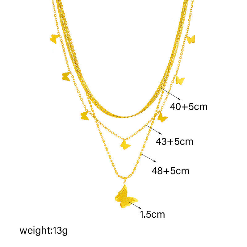 Minimalist Luxury Butterfly Pendant Necklace in Titanium Steel with Polished Finish and Multi-Layer Chain Design for Women