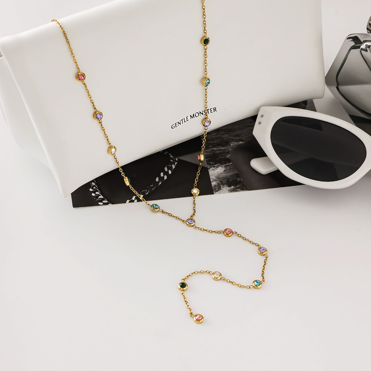 Collana a Y con ciondolo geometrico in acciaio al titanio con frange di strass per donna, catena a clavicola in acciaio inossidabile elettrolitico
