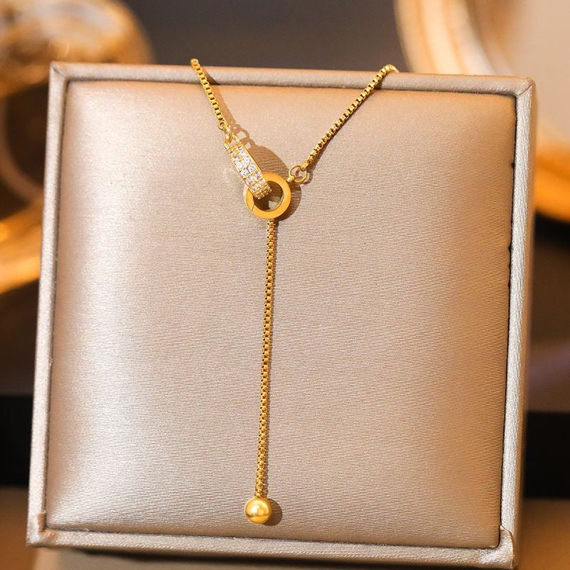 Elegant Minimalist Double Ring U-Shape Titanium Steel Plated Rhinestone Tassel Necklace for Women