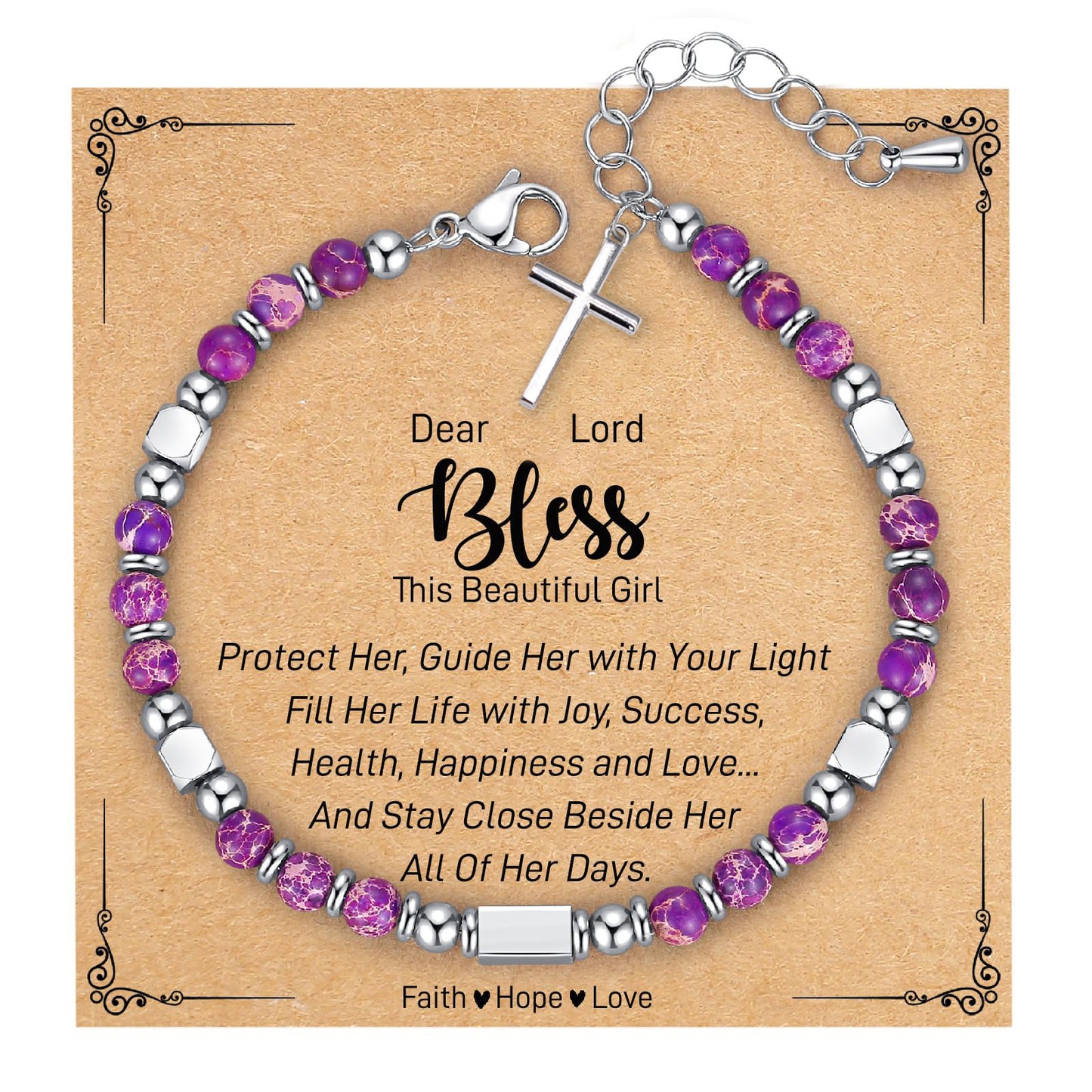 Minimalist Stainless Steel Square Bead Cross Pendant Turquoise Crystal Adjustable Bracelet