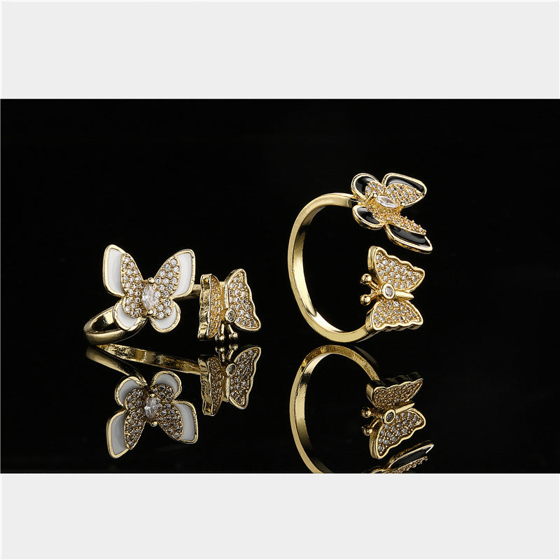 Gold Plated Brass Micro-Inlaid Cubic Zirconia Drip Oil Butterfly Open Ring for Women