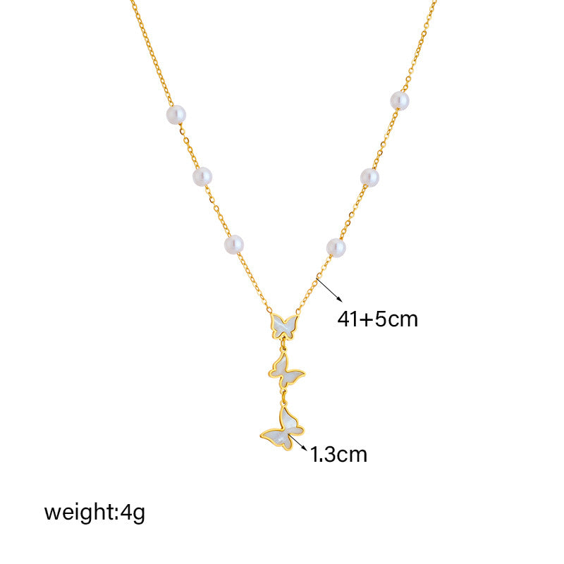 Vintage-Inspired Butterfly Pendant Necklace in Titanium Steel with Polished Finish and Fringe Detail for Women