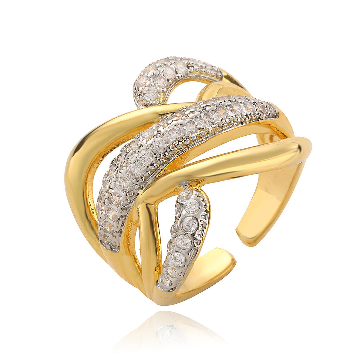 Anello Aperto Geometrico Minimalista alla Moda da Donna in Rame con Zirconi Micro-Incastonati
