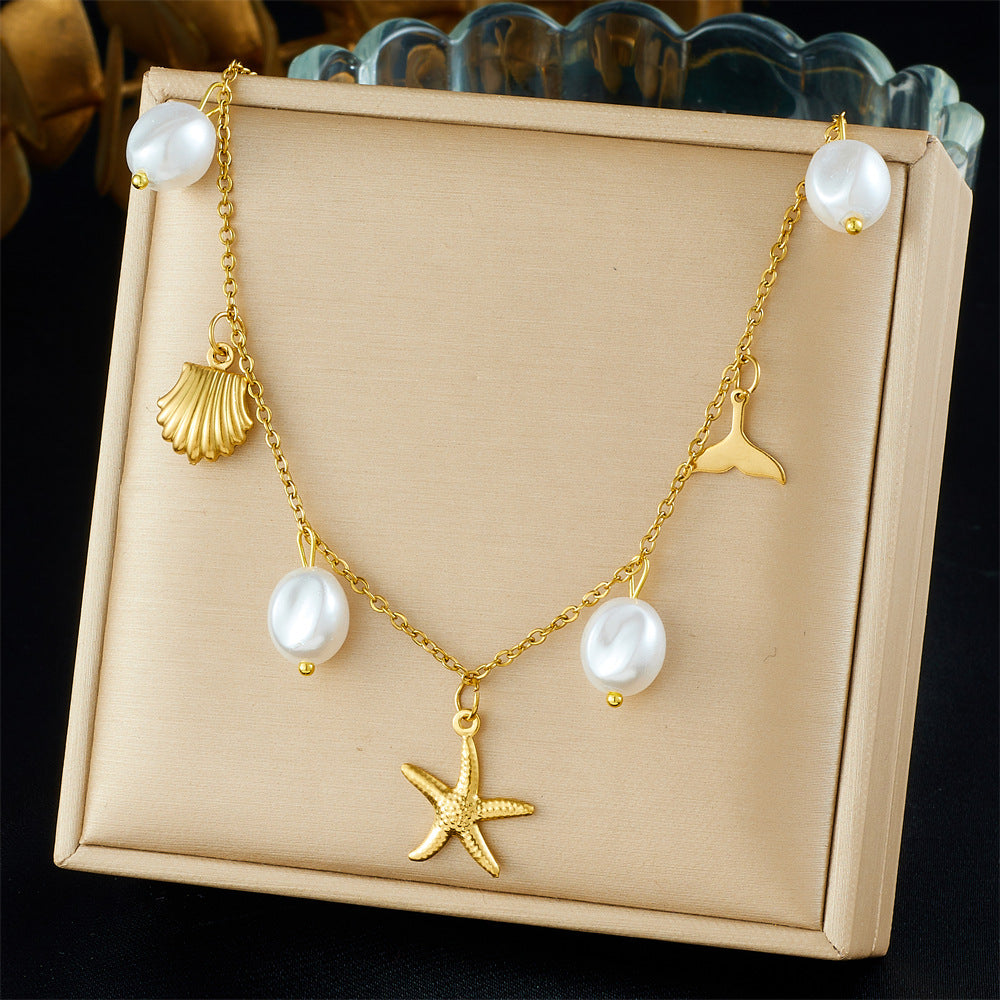 Minimalist Chic Gold Plated Irregular Starfish Mermaid Tail Seashell Pearl Pendant Stainless Steel Necklace for Women