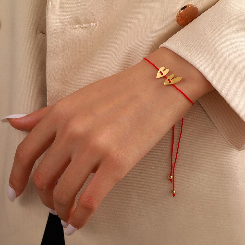 Heart Shaped Titanium Steel Bracelet with Red Cord