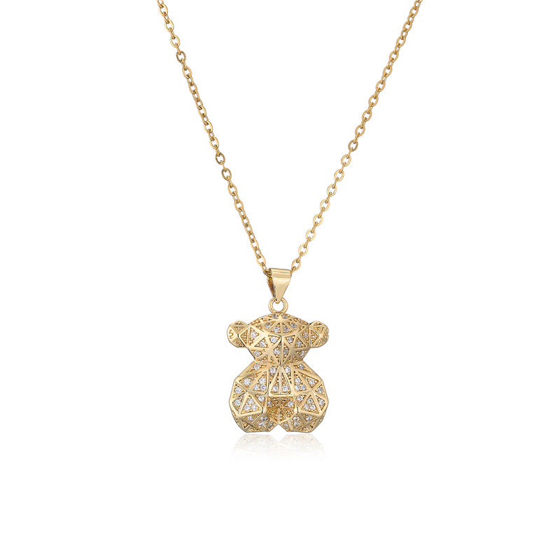 Collana Minimalista con Ciondolo Orsetto Geometrico in Rame Placcato Oro 18K con Zircone Micro-incastonato e Catena a O per Donna