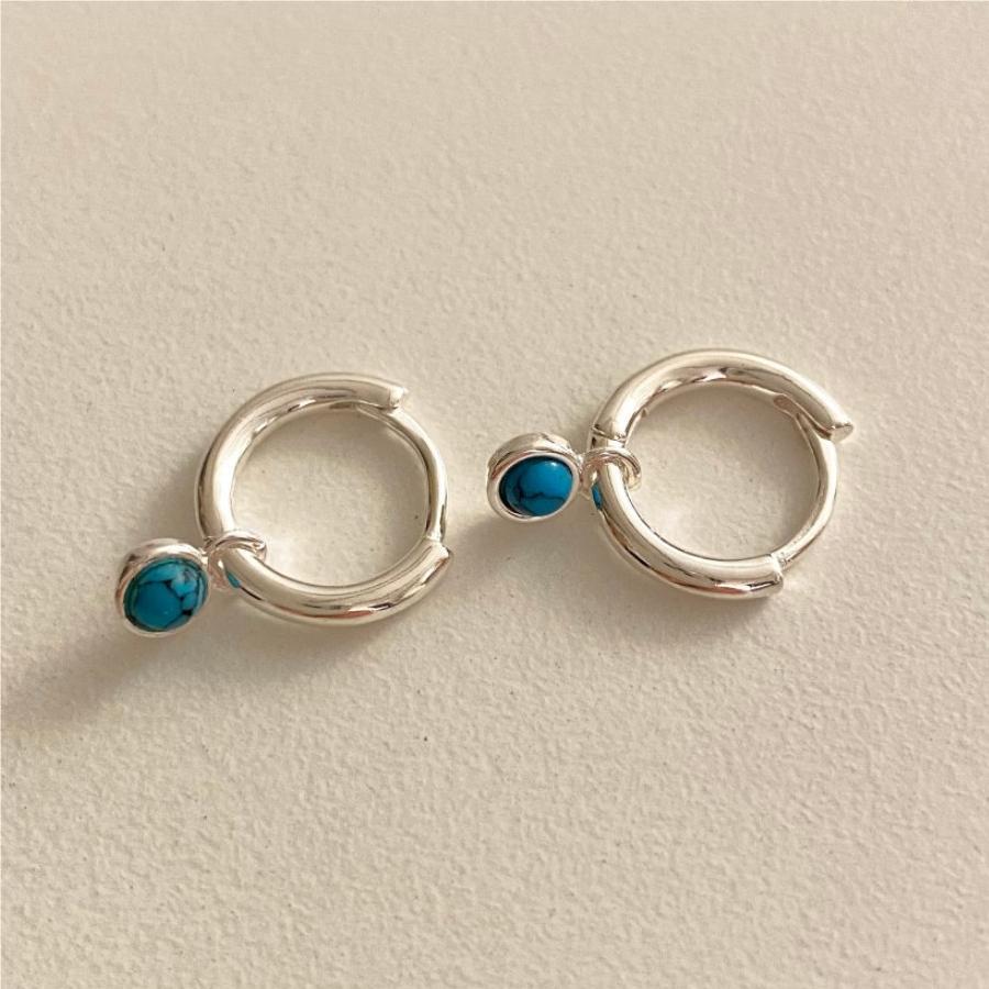 Minimalist Geometric Letter Shape 925 Sterling Silver Stud Earrings with Blue Turquoise Inlay for Women