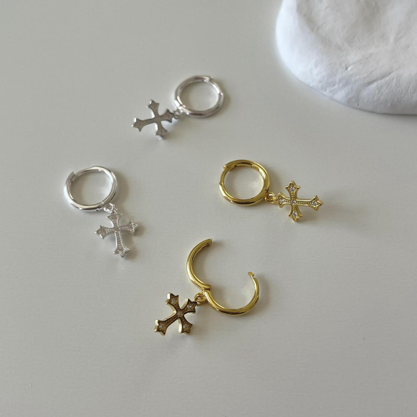 Minimalist 925 Sterling Silver Cross Earrings Plated Hoop Studs for Women