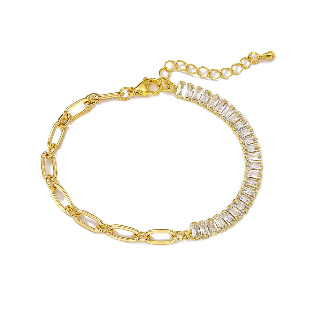 Geometric Copper Bracelet with 18K Gold Plating and Cubic Zirconia for Women, Minimalist Ins-Inspired Statement Jewelry