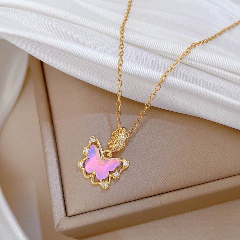 Pink Butterfly Shaped Zirconia Encrusted Necklace for Women with Titanium Steel Chain Minimalist Elegant Locket Style