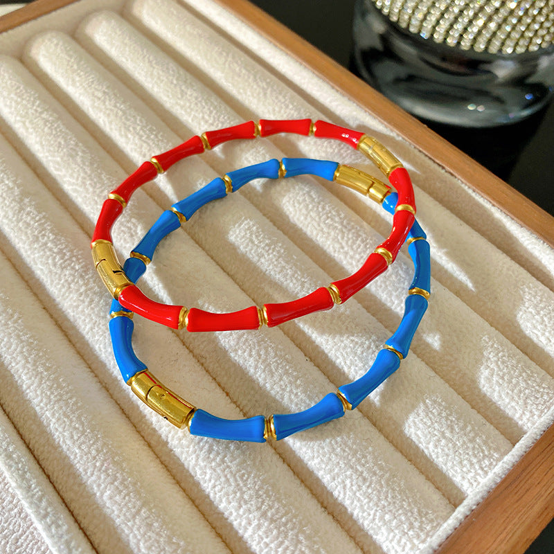 Vintage Red Enamel Geometric Bamboo Titanium Steel Bangle Bracelet for Women