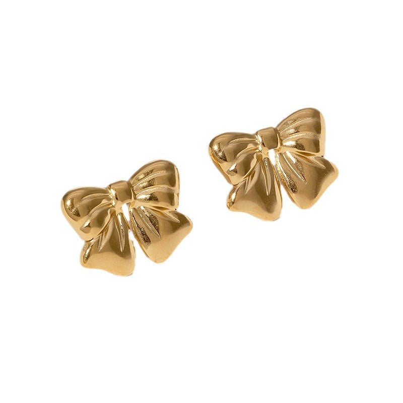 Pendientes de Acero Inoxidable con Baño de Oro en Forma de Lazo Estilo Minimalista para Mujer