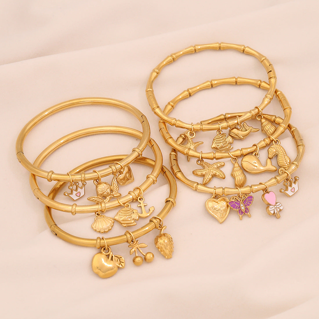 Bracciale personalizzato in acciaio inossidabile con stella marina, conchiglia e farfalla floreale, con finitura placcata