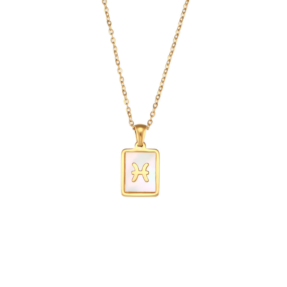 Collana con ciondolo segno zodiacale alla moda da donna con catena in acciaio inossidabile e intarsio in conchiglia naturale a forma di quadrato geometrico