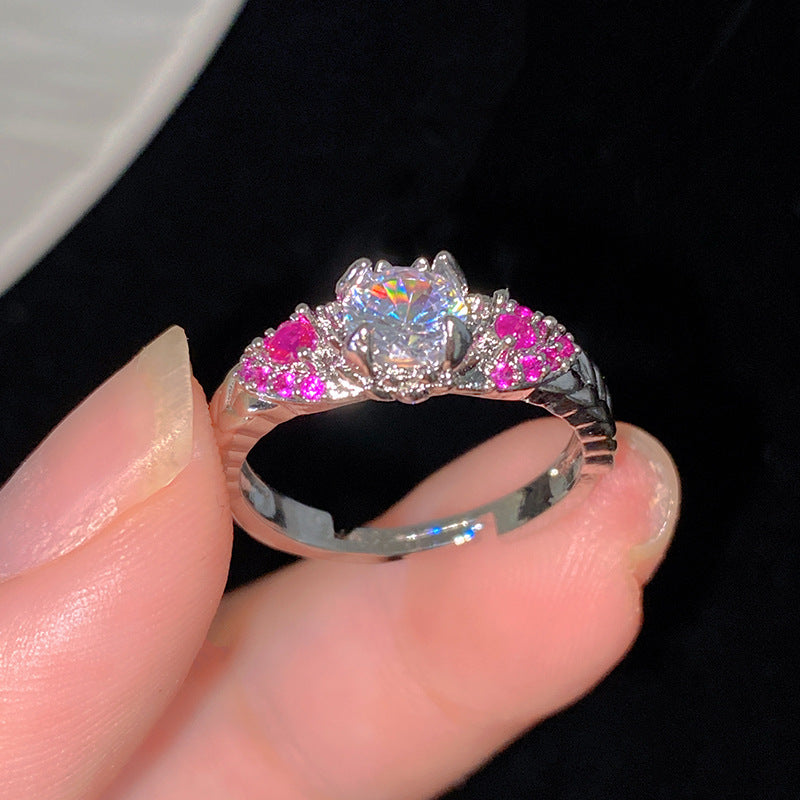 Minimalist Sweet Colorful Crown Flower Bow Teardrop Brass Ring with Cubic Zirconia Inlay for Women