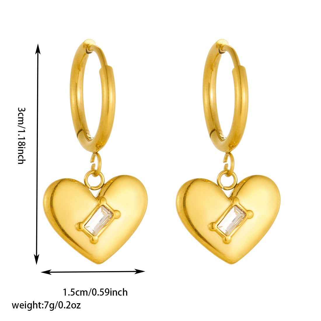 Minimalist Gold Plated Stainless Steel Square Heart Rhinestone Earrings