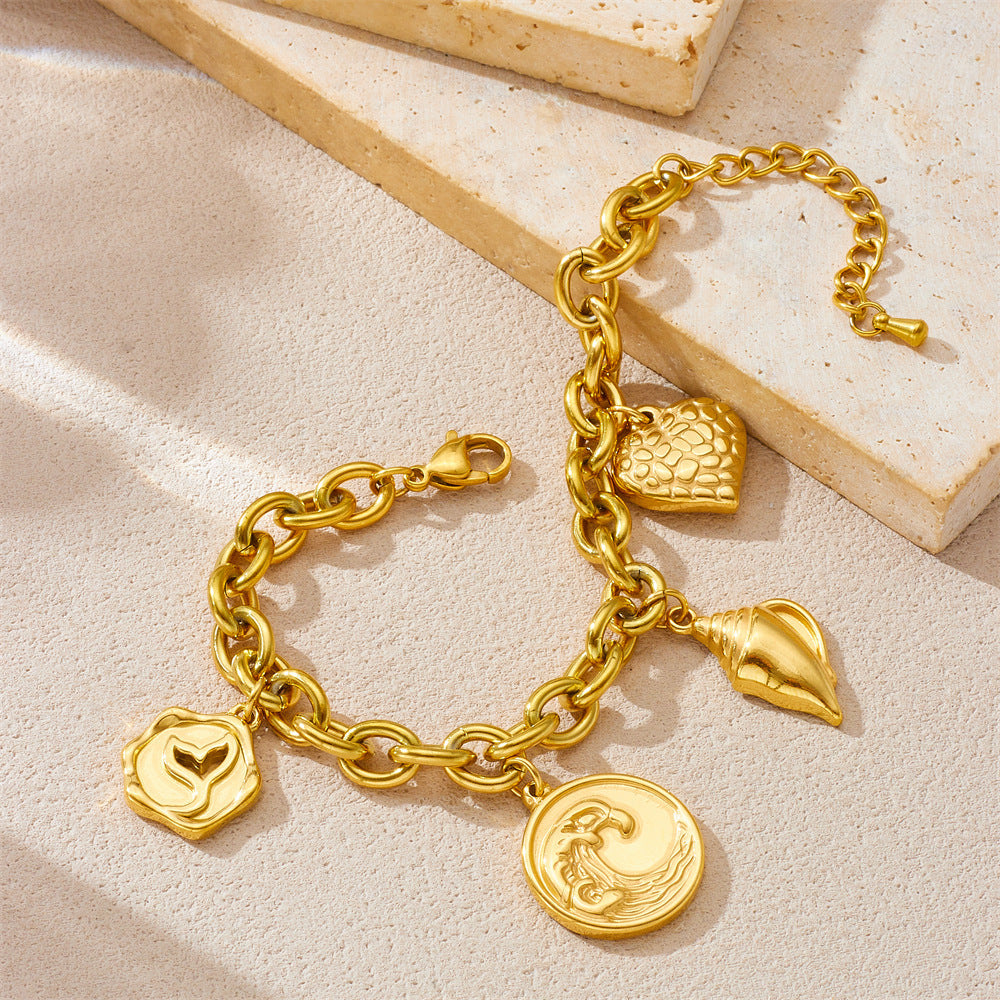 Vintage Fashion Stainless Steel Gold Plated Wave Conch Mermaid Tail Pendant Bracelet for Women