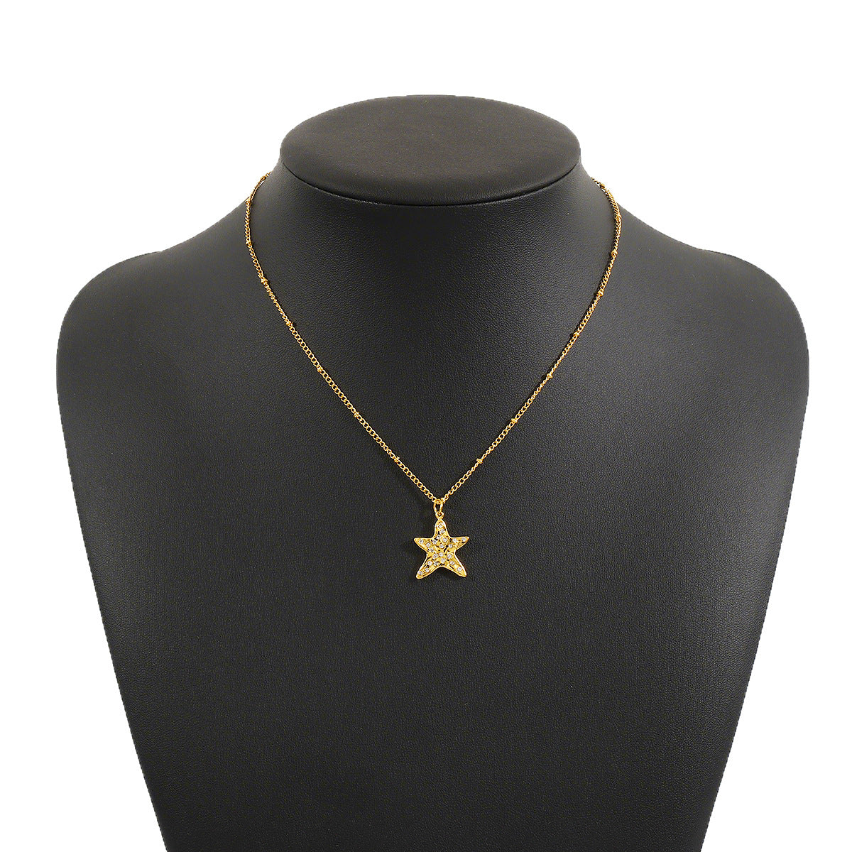 Collana alla moda con pendente a forma di stella, intarsi in strass e catena in ferro elettrodeposto, da donna