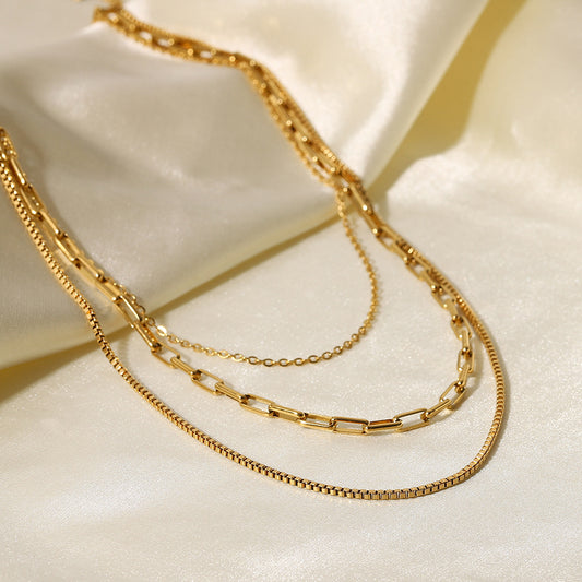Vintage Geometric 18K Gold Plated Stainless Steel Triple Layer Paperclip Box Chain Necklace