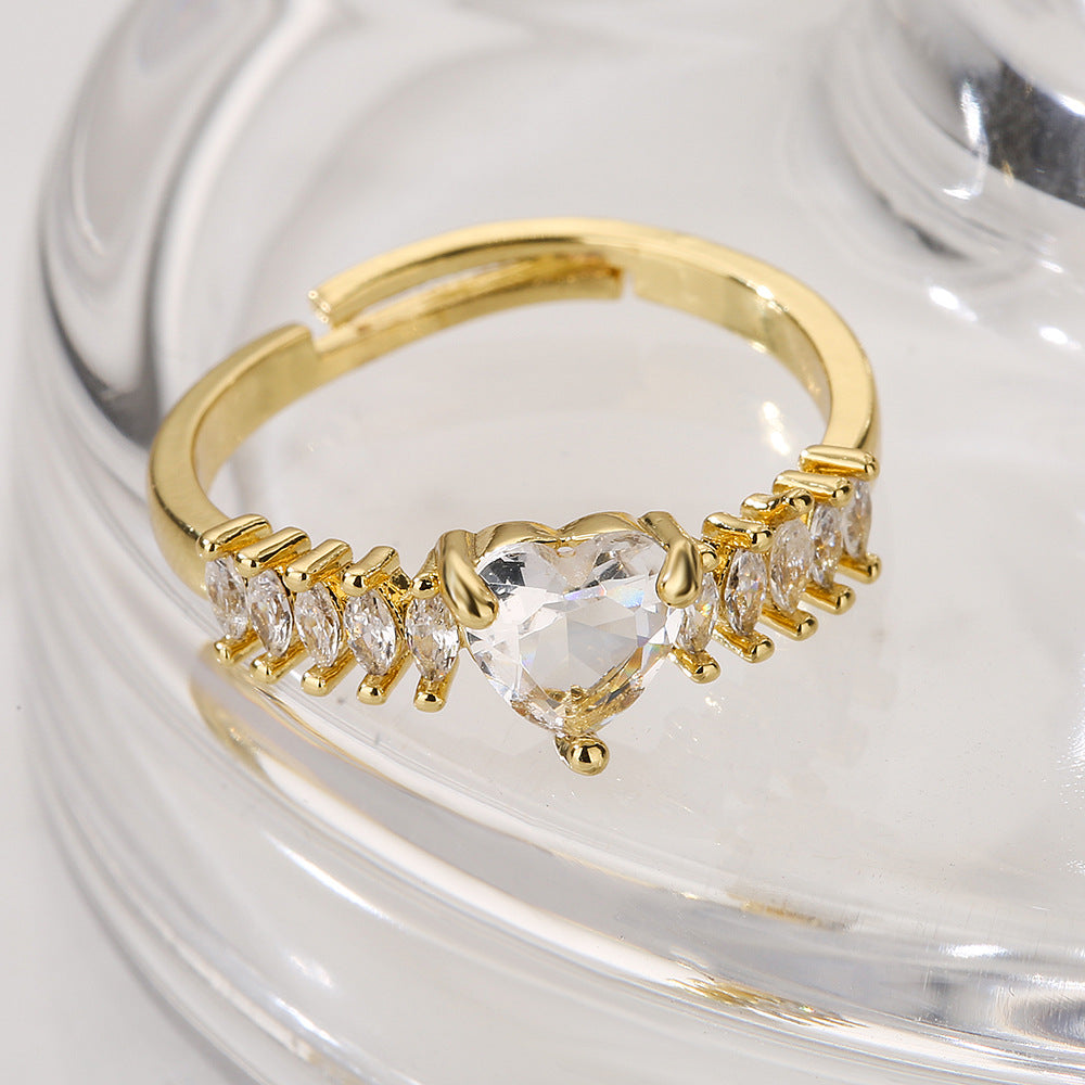 Minimalist Geometric Heart-Shaped Zirconia Ring in Copper with Micro-Pavé Setting for Women