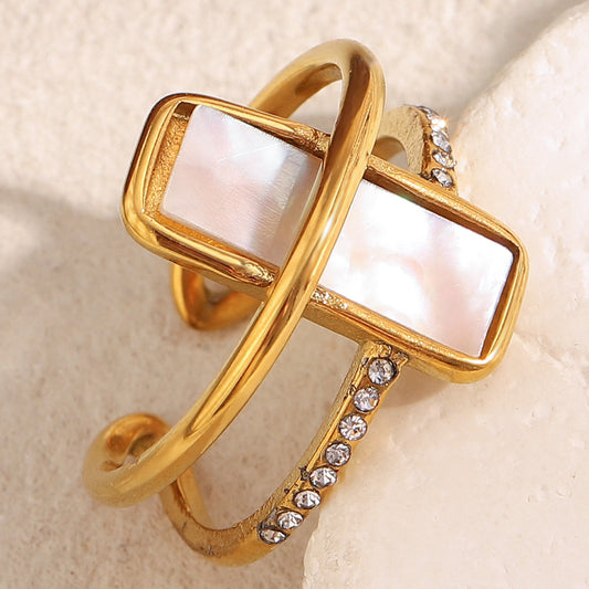 Minimalist Geometric Stainless Steel Ring with 18K Gold Plating White Abalone Inlay and Rhinestone Accents for Women