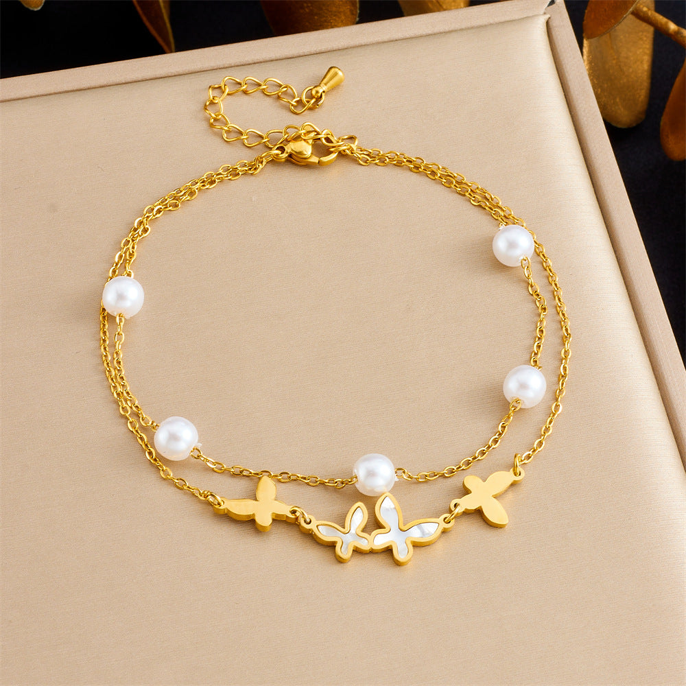 Minimalist Vintage Double-Layer Pearl Butterfly Anklet for Women in Stainless Steel with Gold Plating