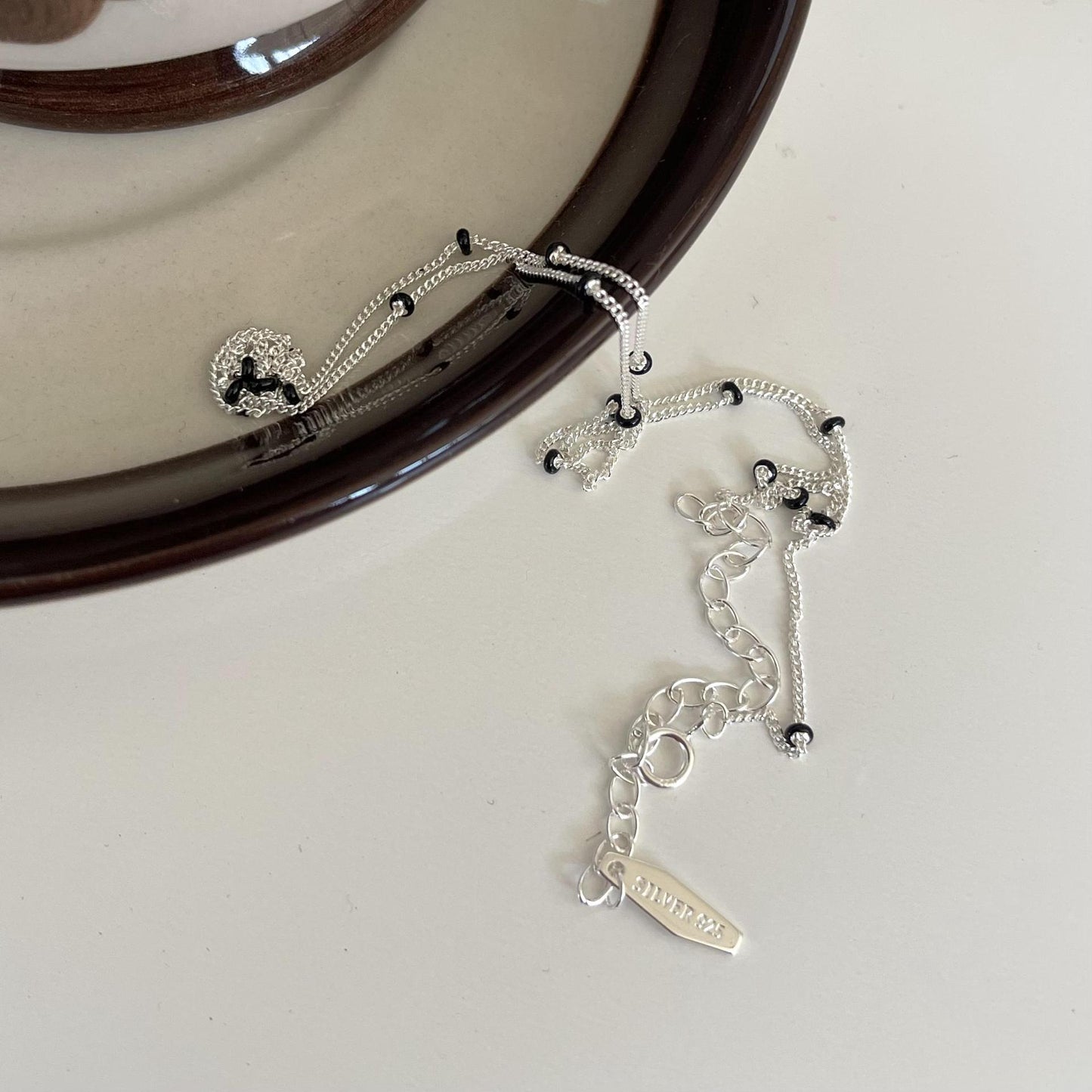 Minimalist Geometric Beaded Necklace in 925 Sterling Silver with Rainbow Resin Accents on Snake Chain