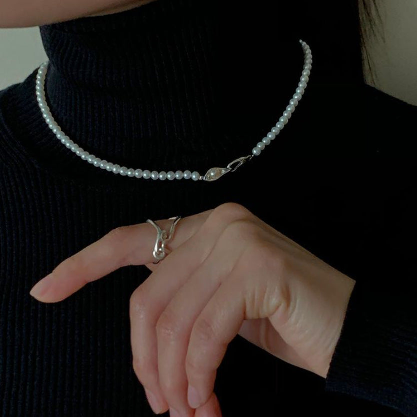 Minimalist French Style Round Pearl Pendant Necklace in 925 Sterling Silver with Rhinestone Accents