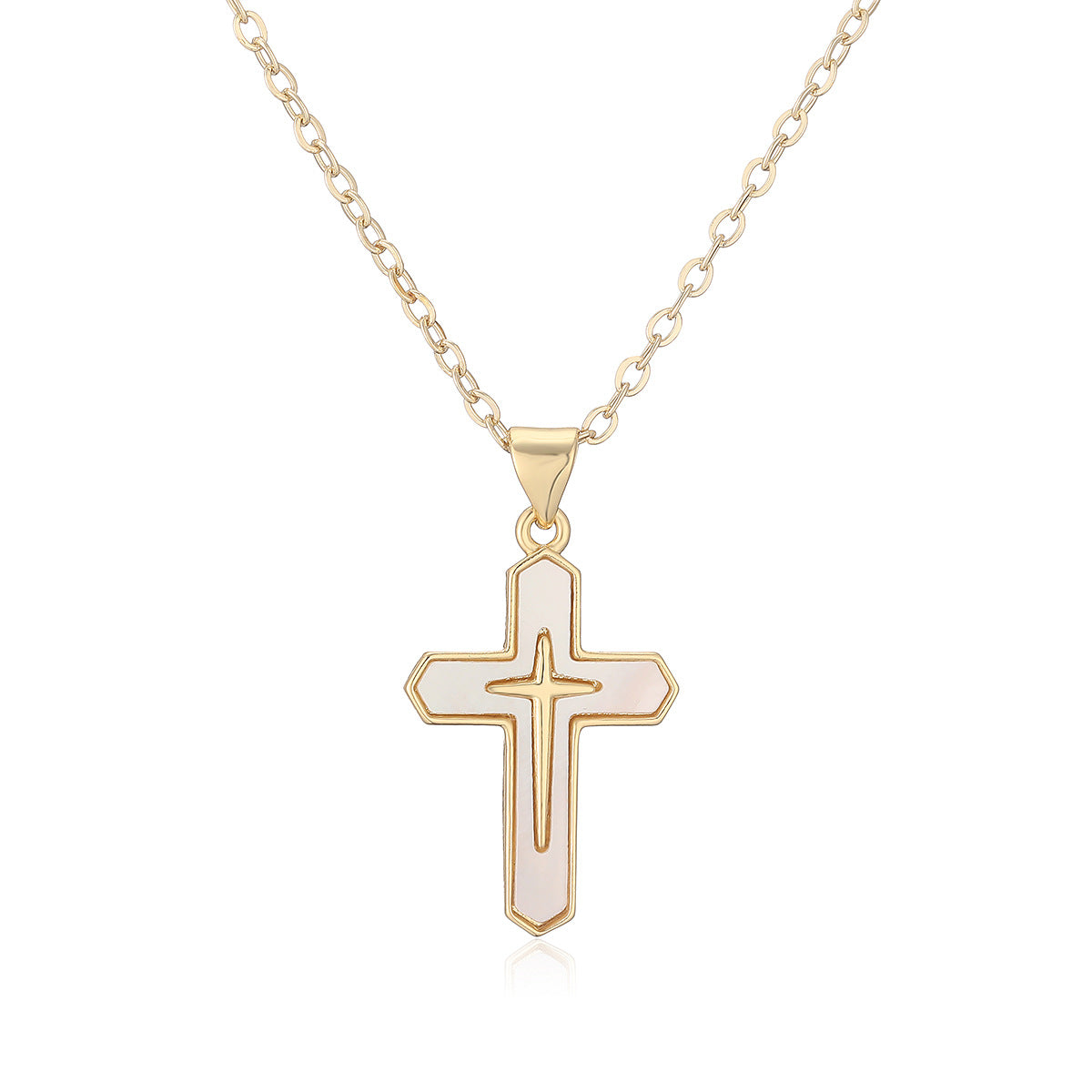 Minimalist 18K Gold Plated Brass Micro-inlay Shell Cross Pendant Necklace for Women
