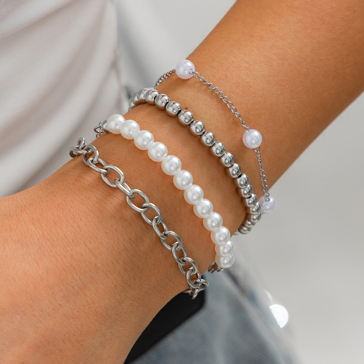 Minimalist Geometric Faux Pearl Plated Resin Beaded Bracelet Set for Women