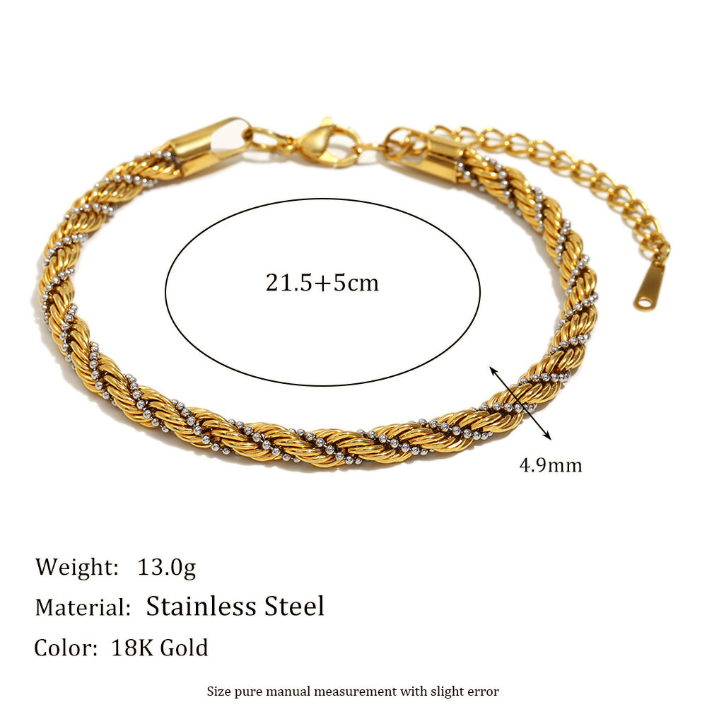 Minimalist Geometric Titanium Steel Bracelet with 18K Gold Plated Twisted Beads and Chain