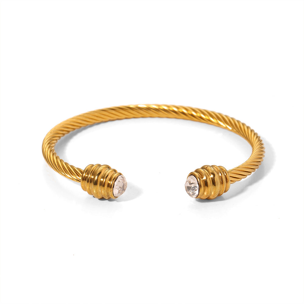 Minimalist Geometric Stainless Steel Bracelet with Zircon Inlay and 18K Gold Plating for Women