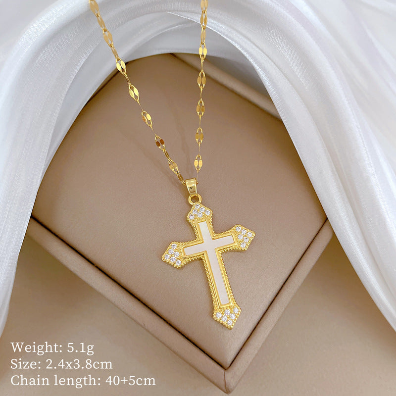 Luxury Titanium Steel Seashell Cross Pendant Necklace for Women with Rhinestone Inlay, Geometric Design, Delicate Clavicle Chain