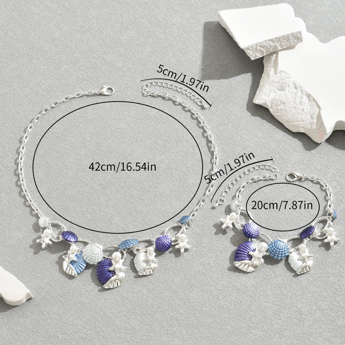 Set collana e bracciale in lega da donna smaltato a forma di stella marina geometrica e conchiglia, ispirato all'oceano