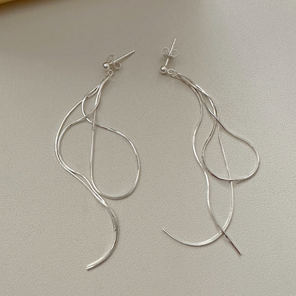 Minimalist Korean-Inspired Silver Snake Chain Earrings for Women with Geometric Beaded Accent and Polished 925 Sterling Silver Posts