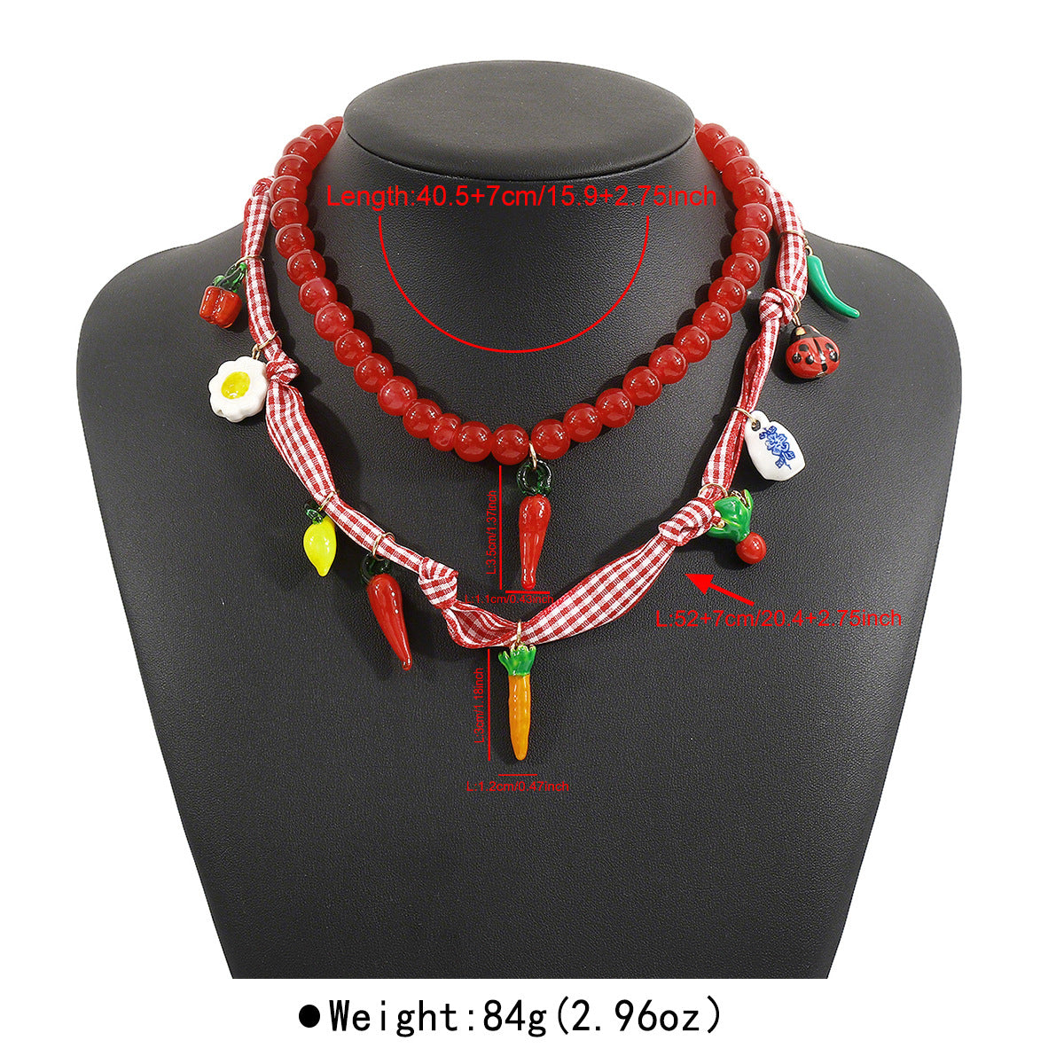 Collar rústico de pimiento picante y insecto esmaltado, hecho a mano, con motivos de frutas y verduras, en una delicada cadena de clavícula