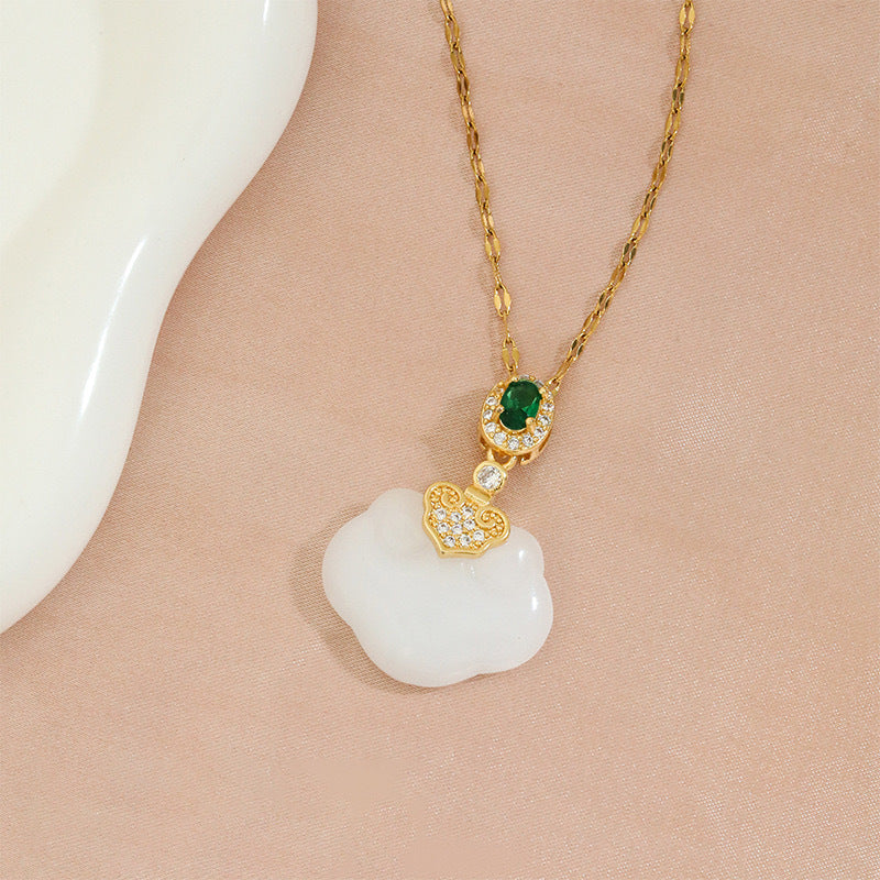 Vintage Chinese Style Irregular Cloud Pattern Jade Pendant Necklace for Women with Titanium Steel Snake Chain and Plated Finish