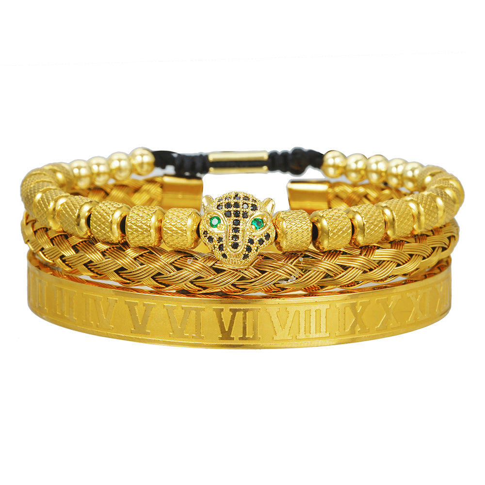 Vintage Geometric Leopard Head Micro-inlaid Cubic Zirconia Woven Stainless Steel Bracelet Set
