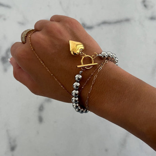 Bracciale Minimalista da Donna Placcato in Acciaio Inossidabile a Forma di Cuore con Perline Rotonde e Design Geometrico