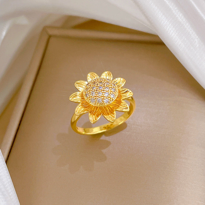 Sweet Minimalist Gold Plated Brass Rotating Sunflower Ring Adjustable Cartoon Design for Women and Couples