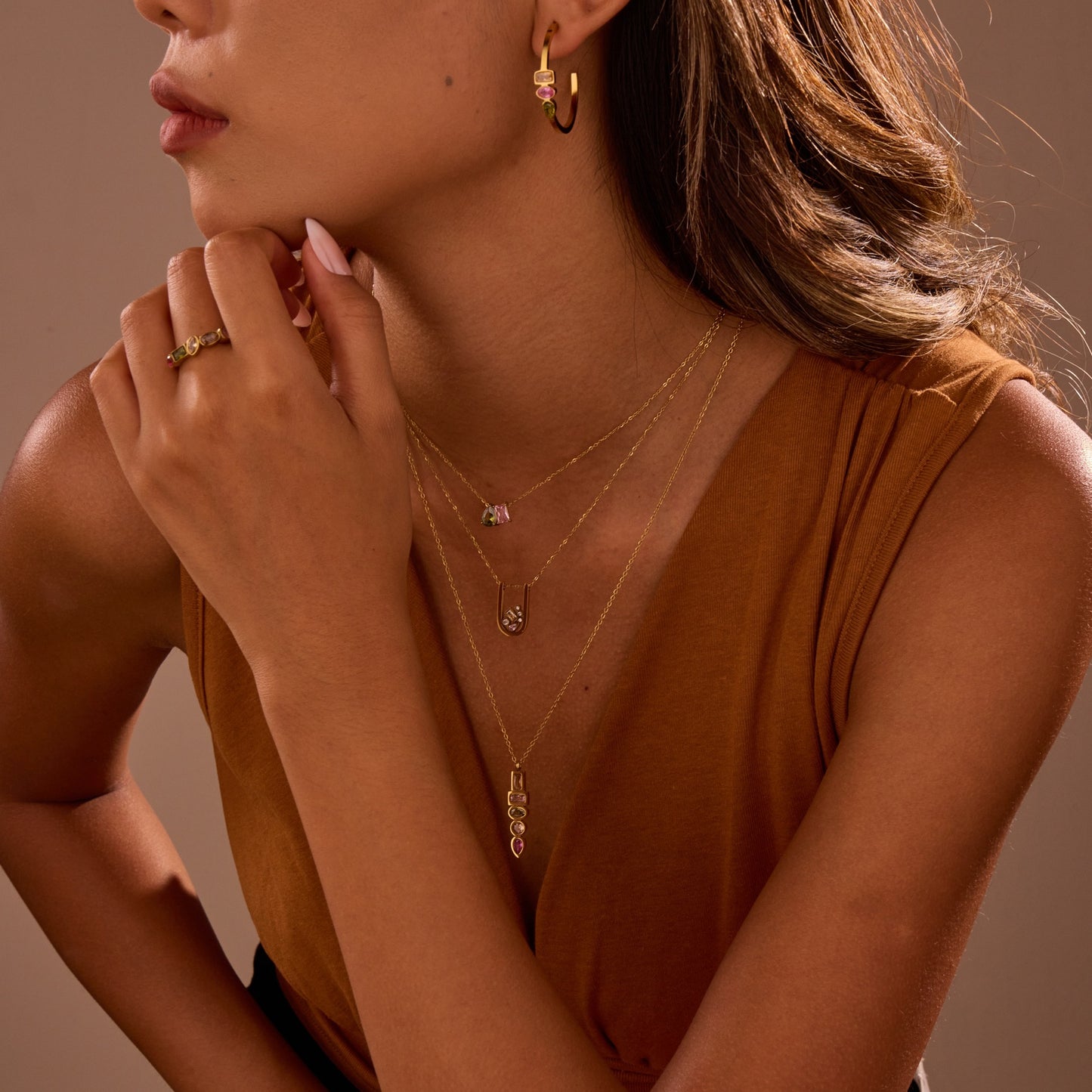 Set di collana geometrica in acciaio inossidabile con placcatura in oro 18 carati e inserti in zircone, da donna