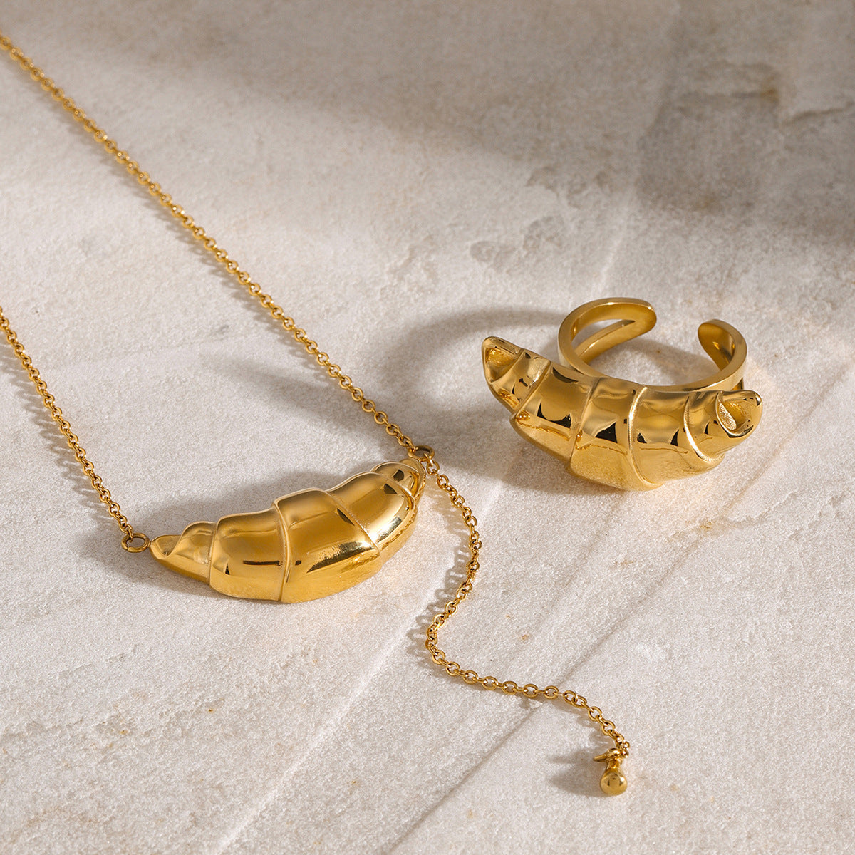 Ins Style Geometric Croissant Tassel Pendant Necklace and Ring Set 18K Gold Plated Stainless Steel