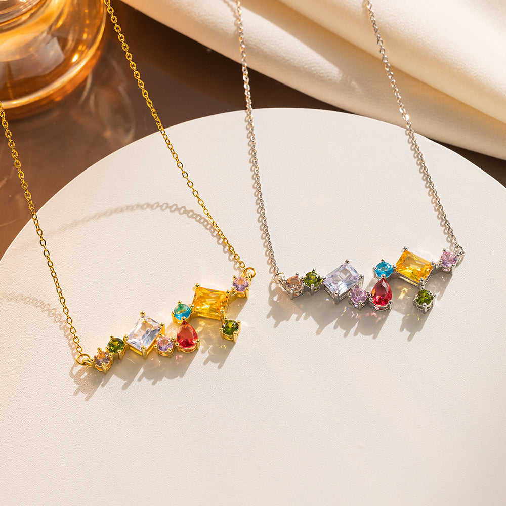 Minimalist Geometric Titanium Steel Necklace with Rhinestone Inlay for Women, Candy-Colored Shimmering Clavicle Chain