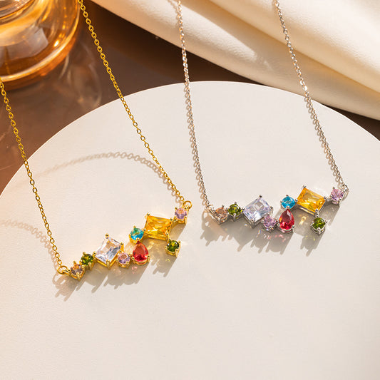 Minimalist Geometric Titanium Steel Necklace with Rhinestone Inlay for Women, Candy-Colored Shimmering Clavicle Chain