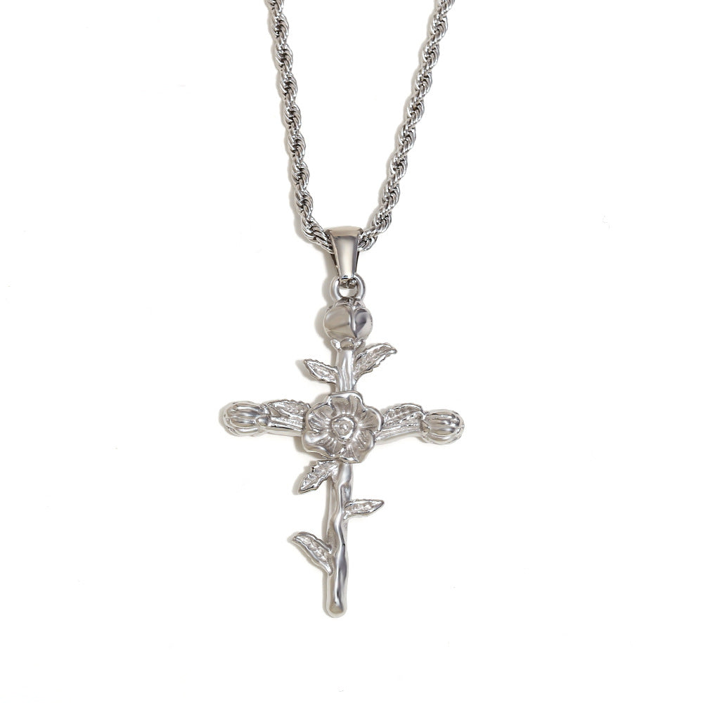 Vintage French-Style Floral Pendant Necklace in Stainless Steel with 18K Gold Plating for Women