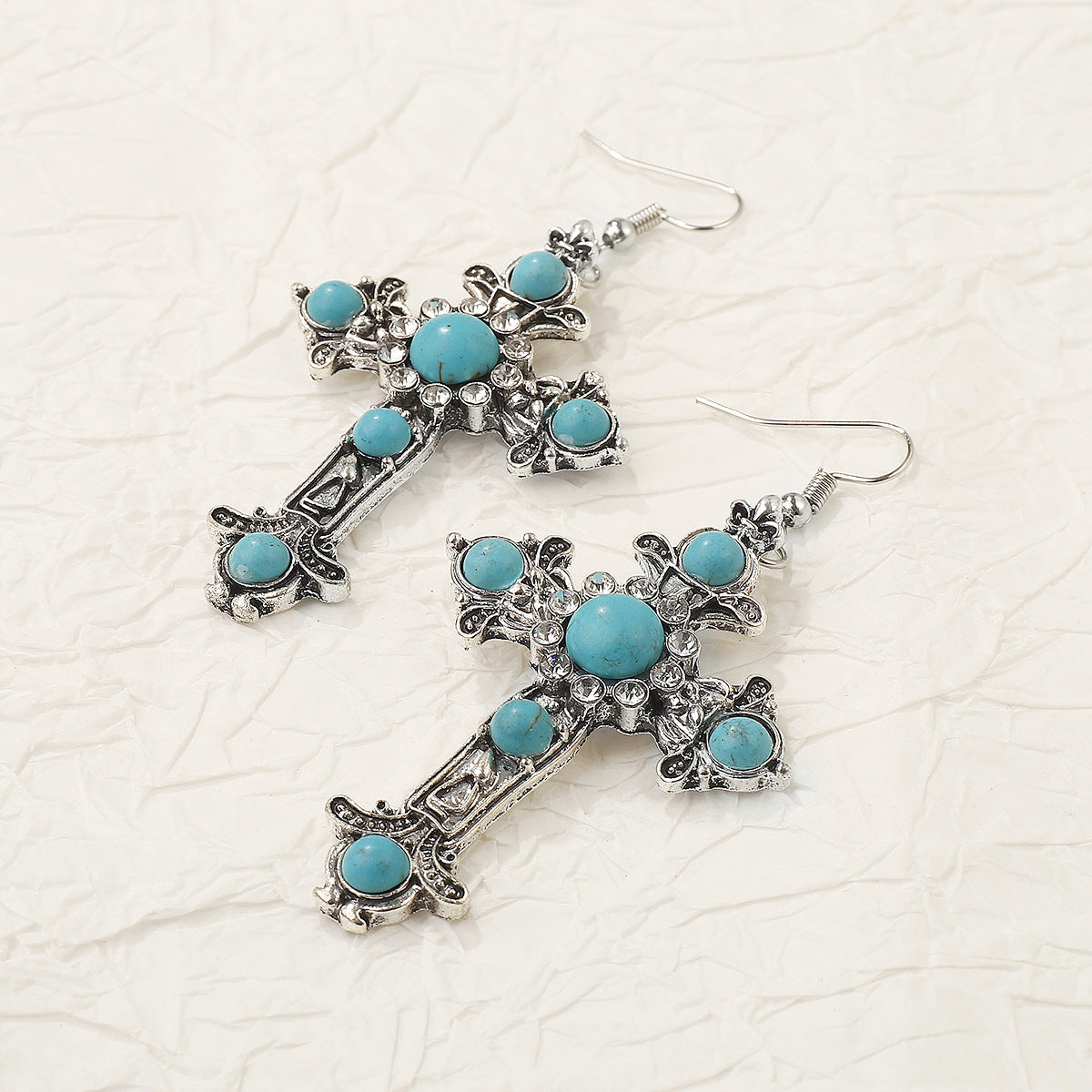 Pendientes de cruz geométrica de turquesa de inspiración vintage en aleación con acabado chapado para mujer