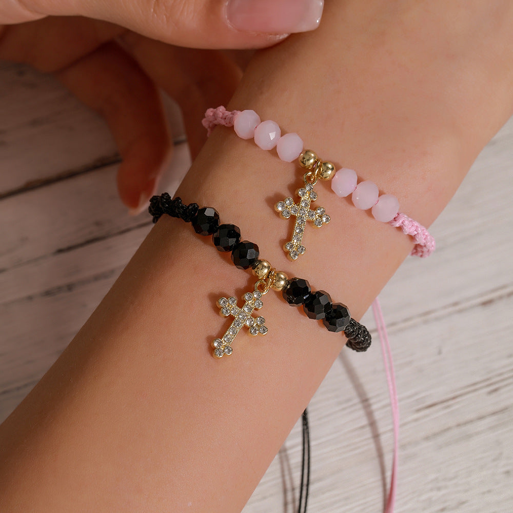 Geometric Cross Crystal Inlay Alloy Glass Bead Bracelet