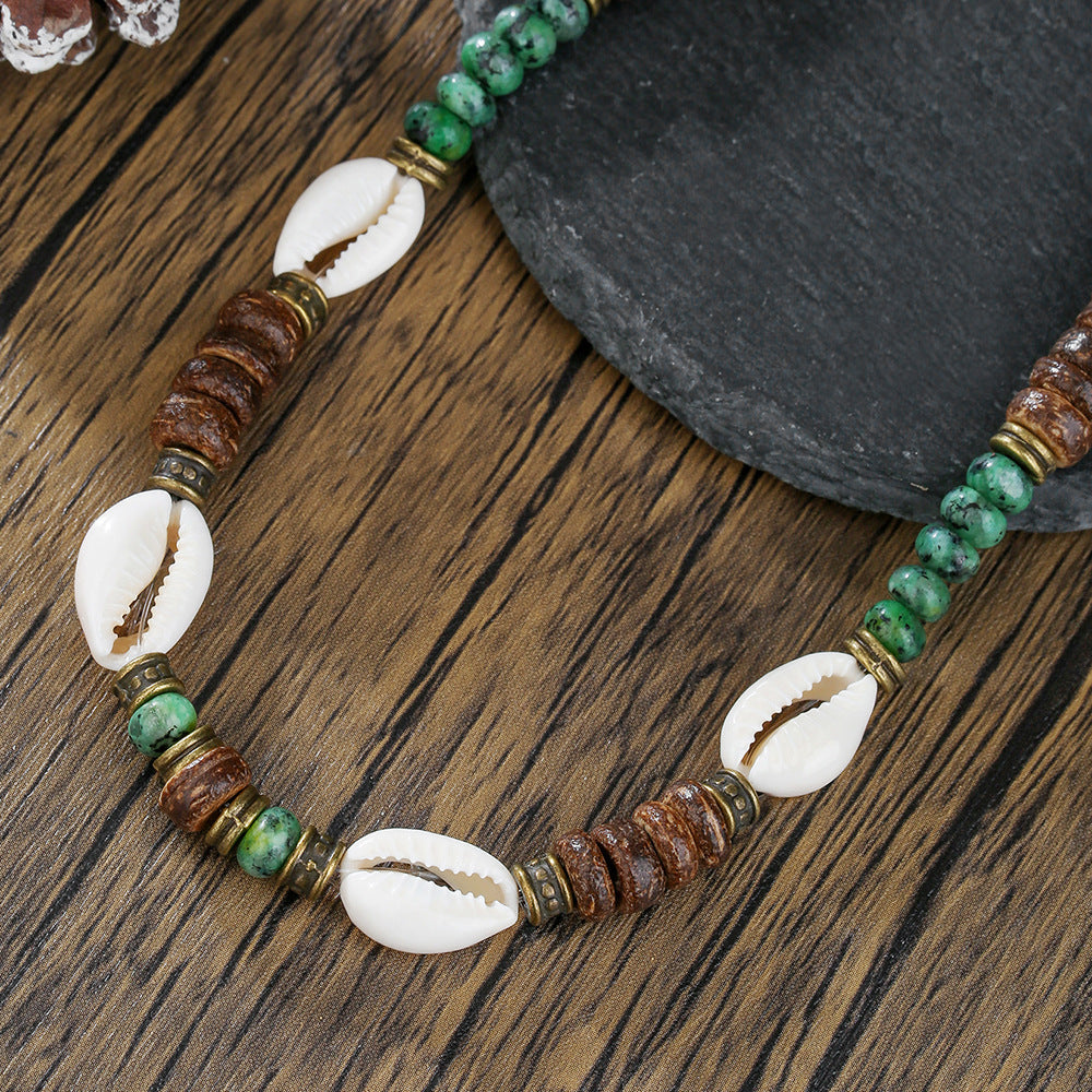 Ocean Style Geometric Round Turquoise Shell Coconut Shell Alloy Pendant Handmade Adjustable Woven Necklace for Men and Women
