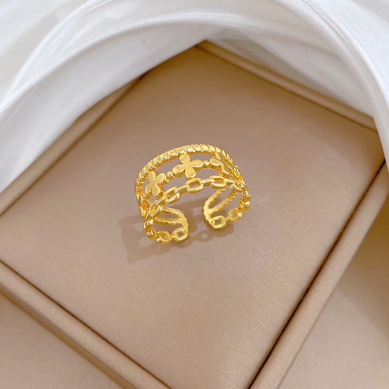 Minimalist Sweet Gold Plated Brass Plant Ring Adjustable Open Band for Couples